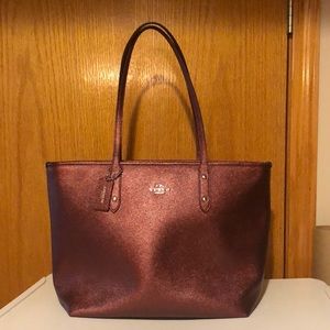 COACH City zip tote, silver/metallic cherry.